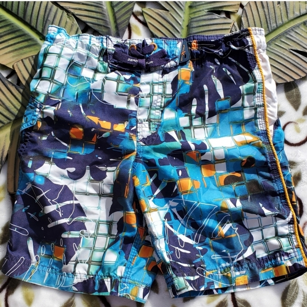 ZeroXposur Hawaiian blue leaf swim Trunks sz S/4